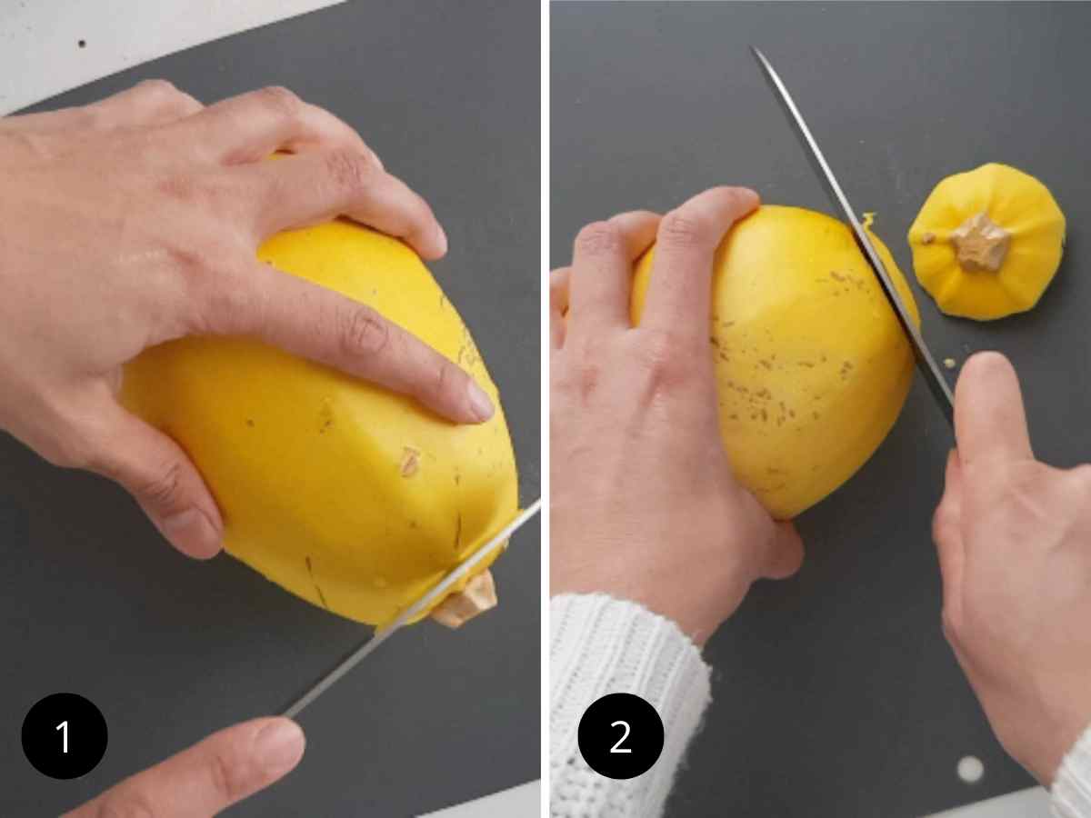 Cutting edges of spaghetti squash.