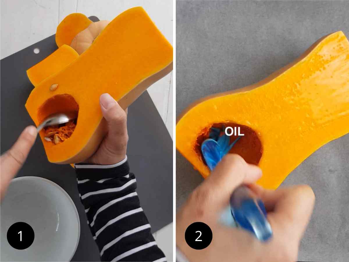 Slicing deseeding and oiling the squash.