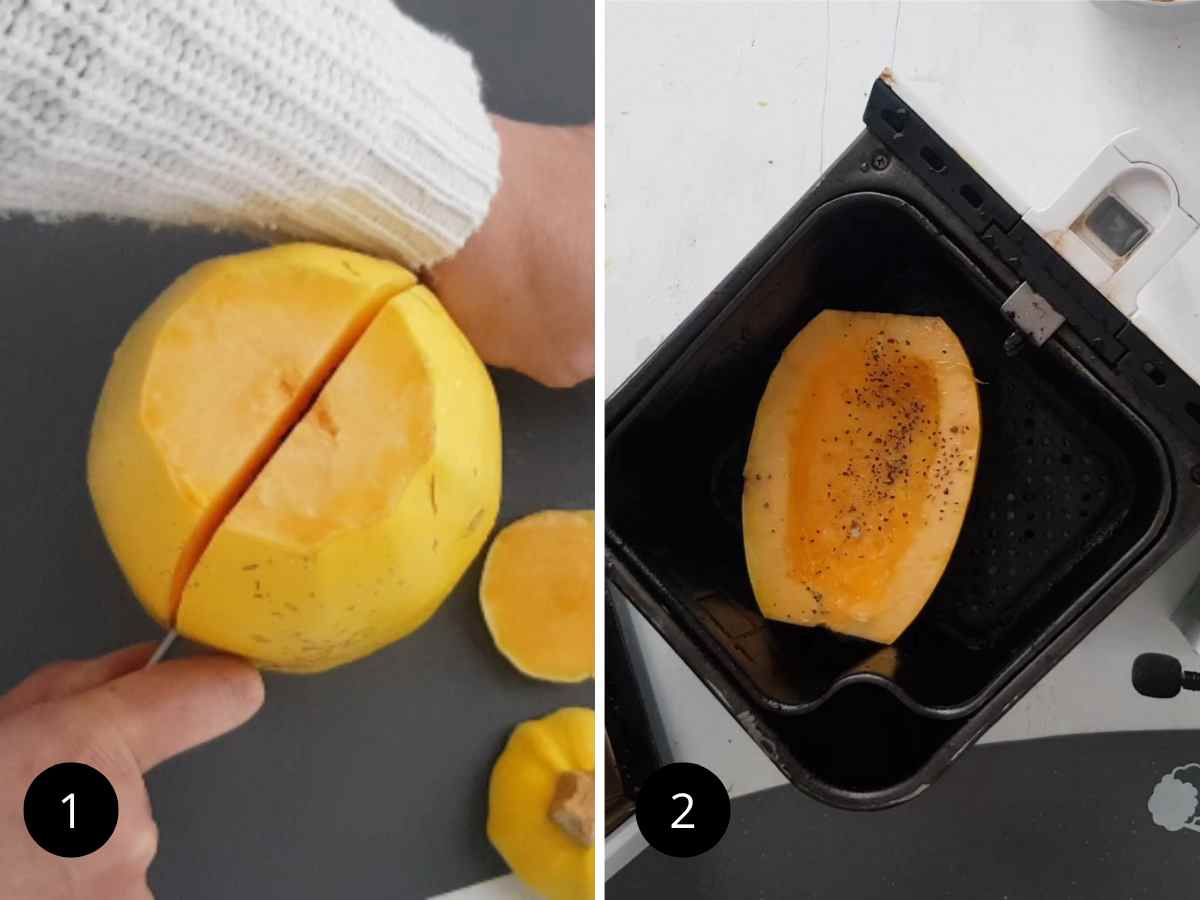 Image collage showing slicing and air frying the spaghetti squash.