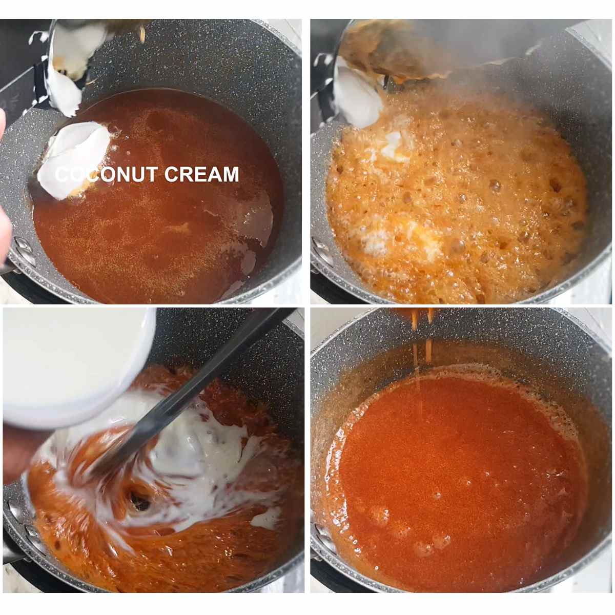 Image collage of how to make the vegan salted caramel step by step.