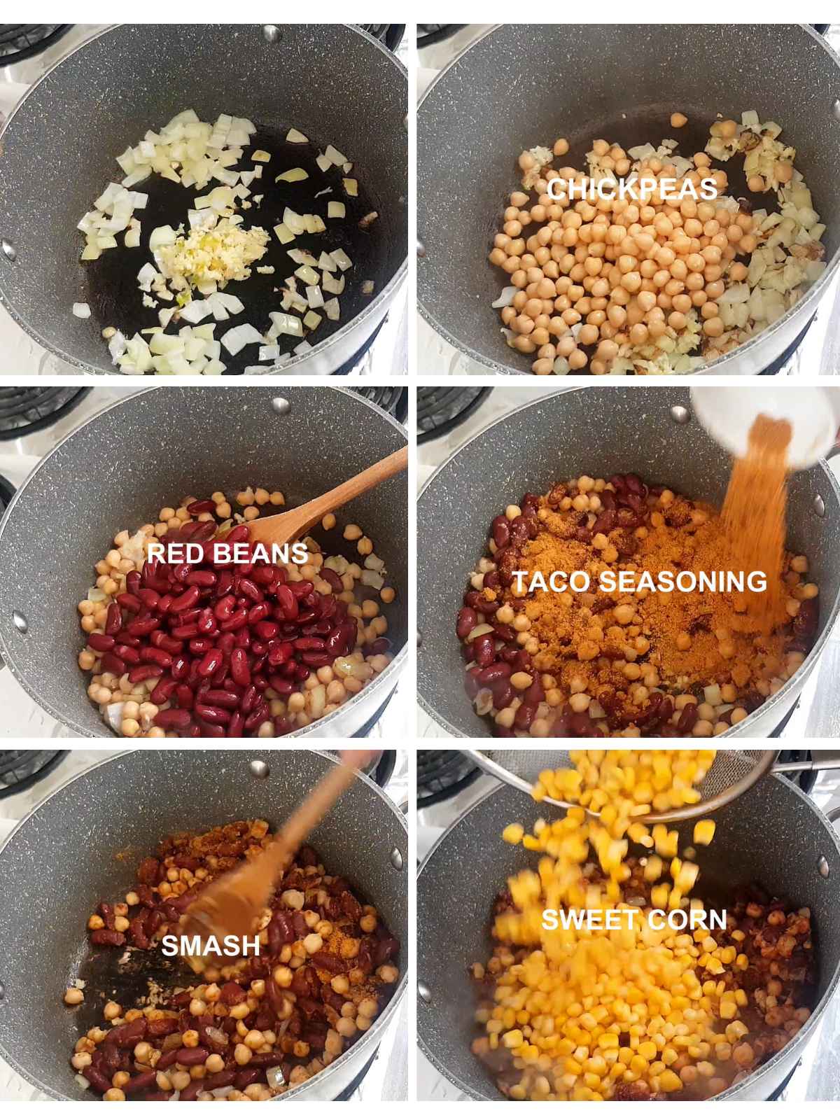 Collage of vegan taco soup process images.