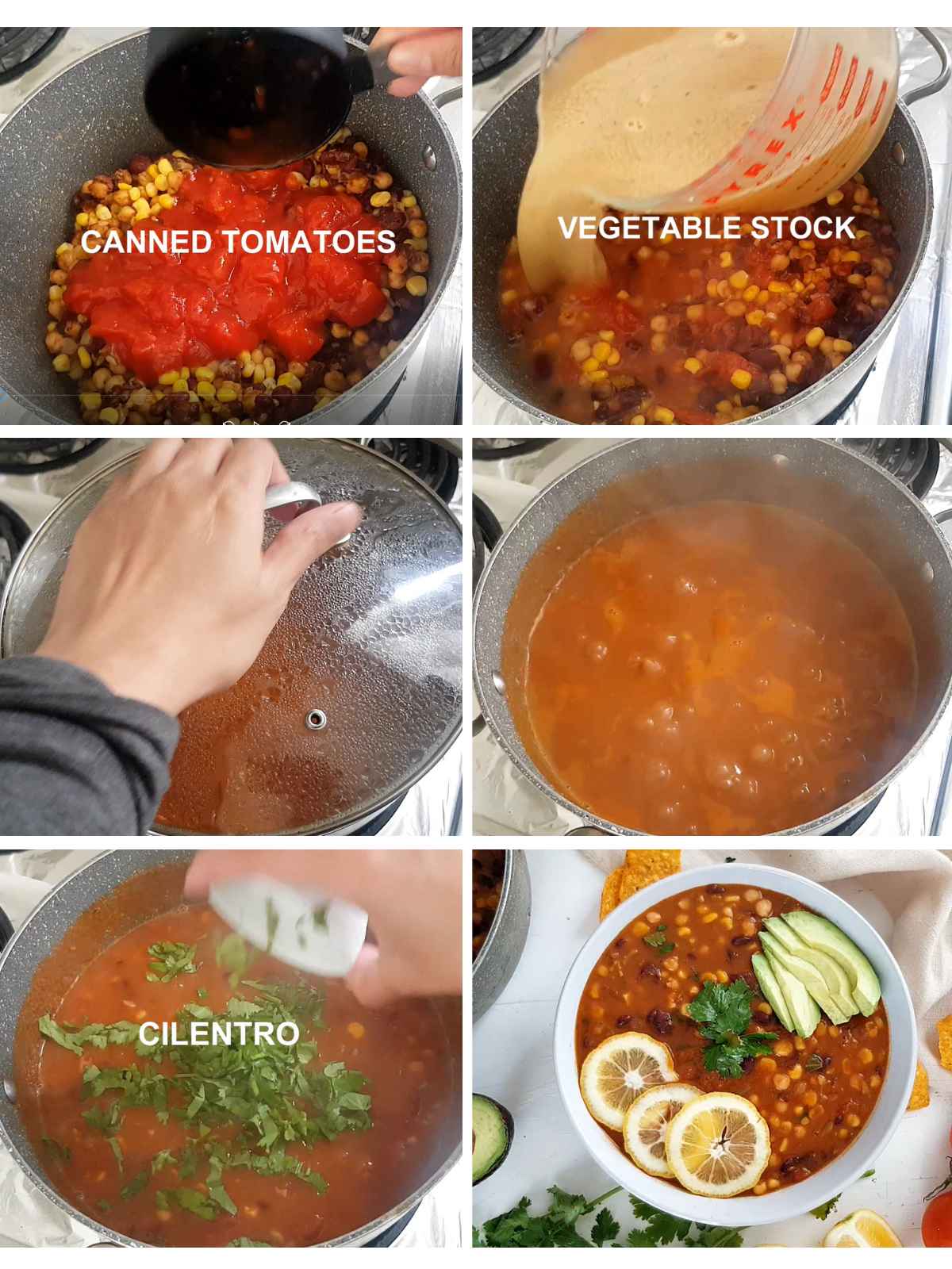 Collage of step by step images of how to make taco soup.