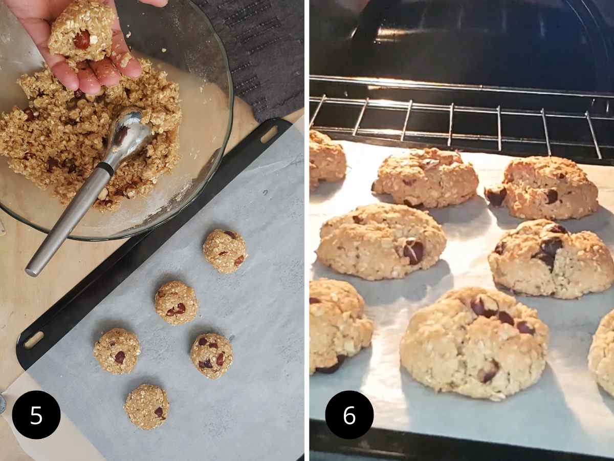 Placing cooking on baking tray and baking the oatmeal peanut butter cookies.