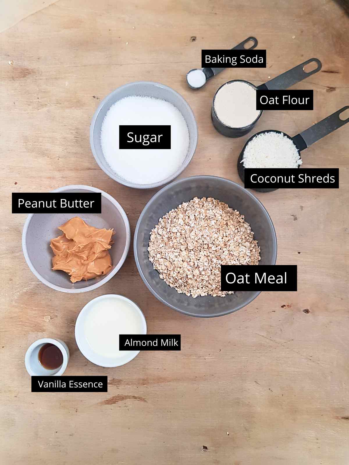 Ingredients to make oatmeal peanut butter cookies.