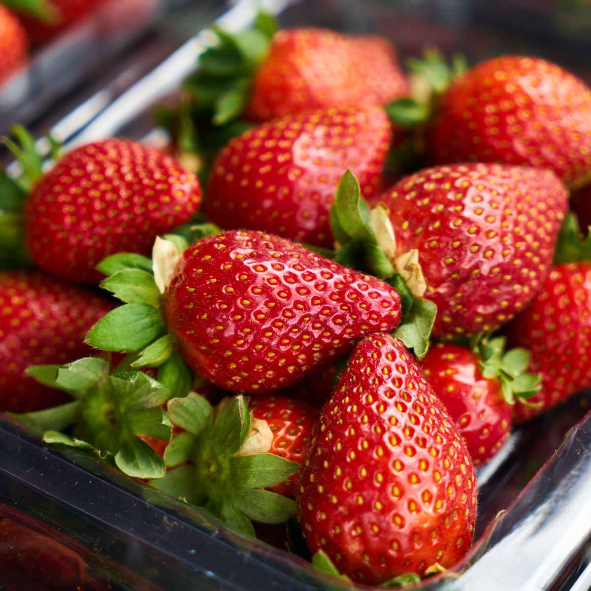 Red strawberries in a pack.