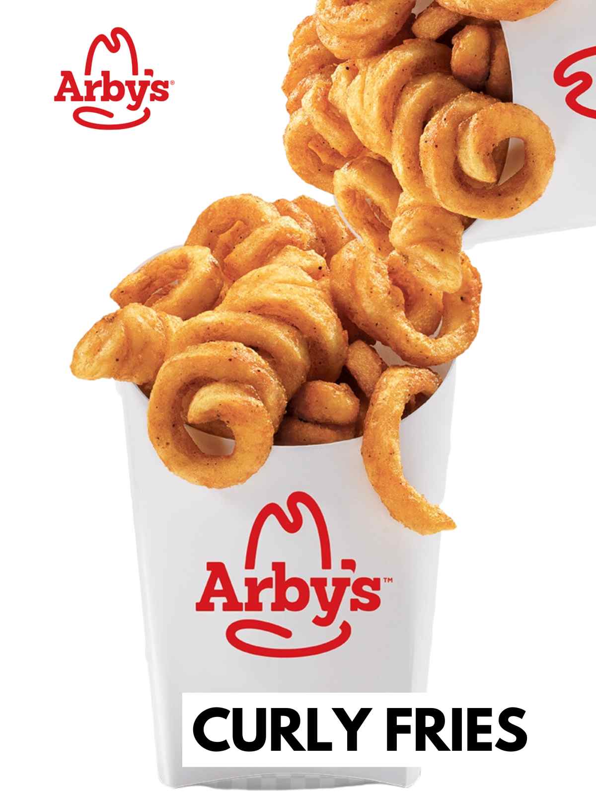 Curly fries in a white bag with Arby's logo.