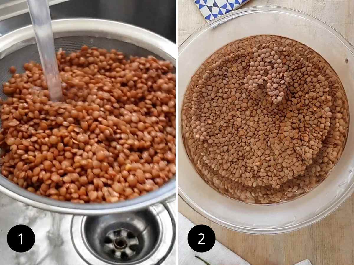 Washing and soaking the lentils.