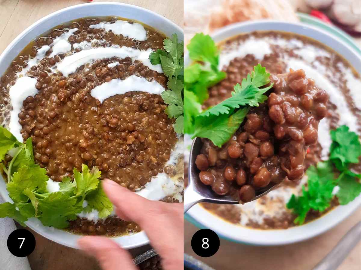 Garnishing and serving the brown lentil curry.