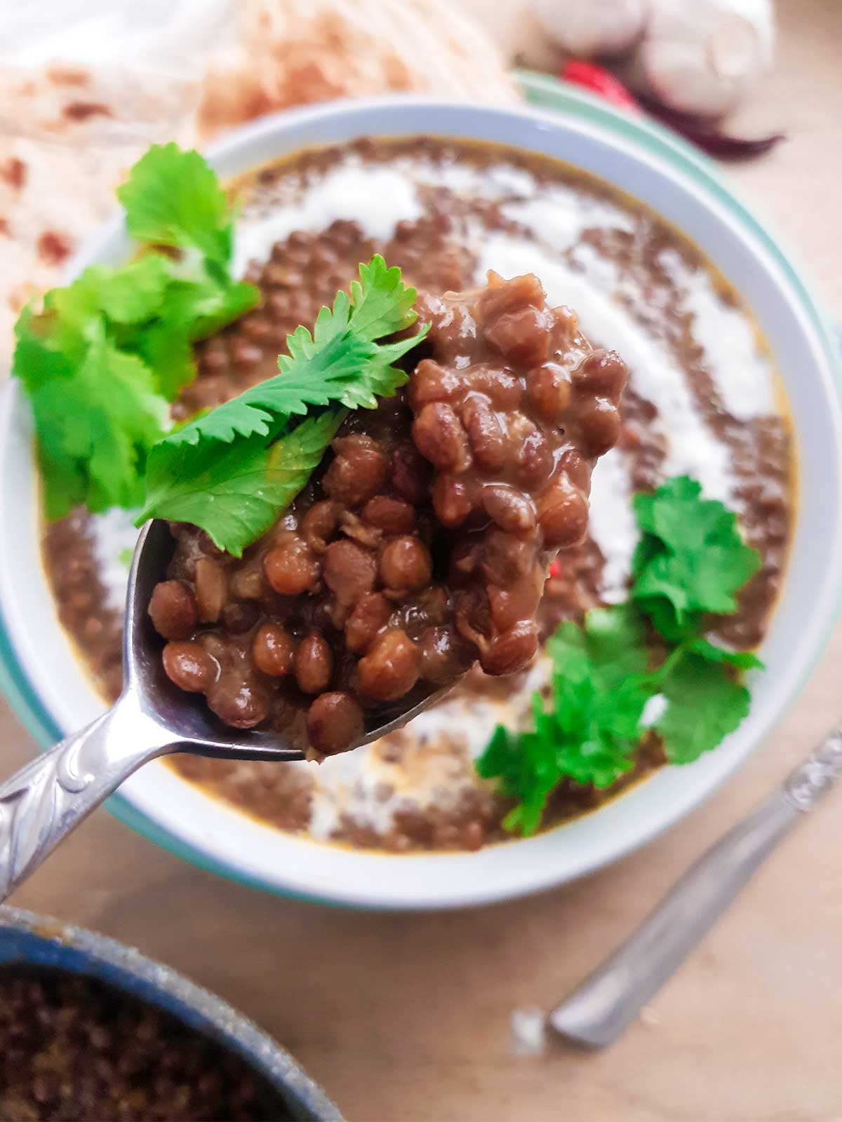 Serving the brown lentil dahl with spoon.