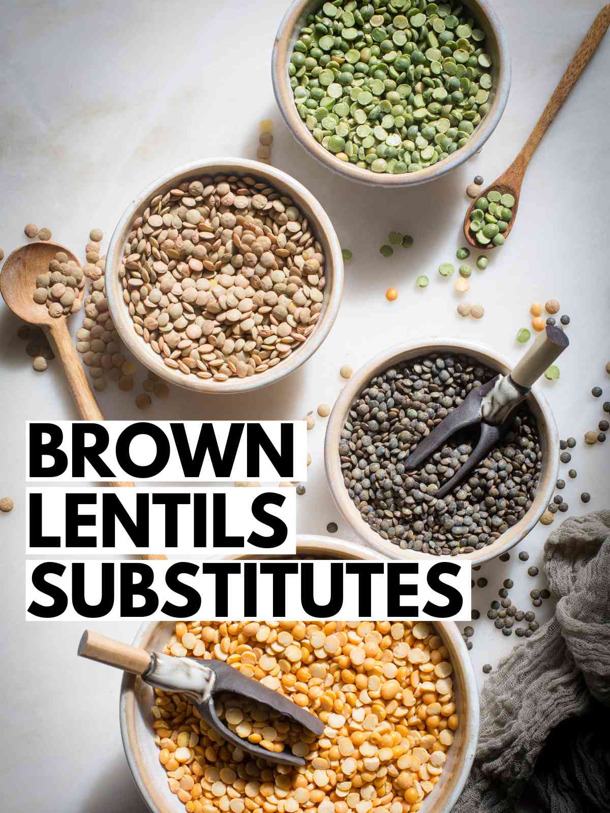 Different lentils placed in bowls as brown lentils substitute.