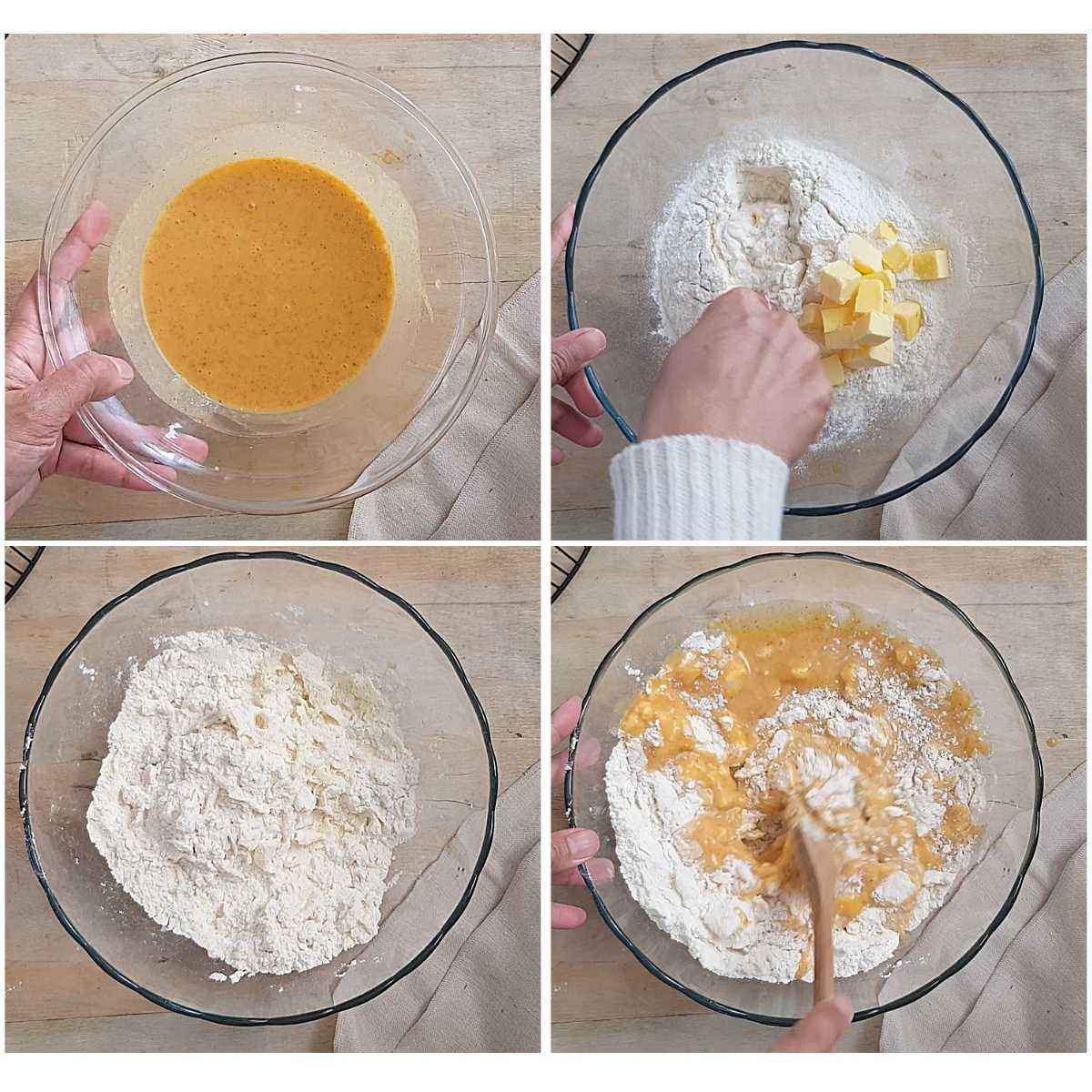 Making and combining the wet and dry mixture to make eggless pumpkin scones.