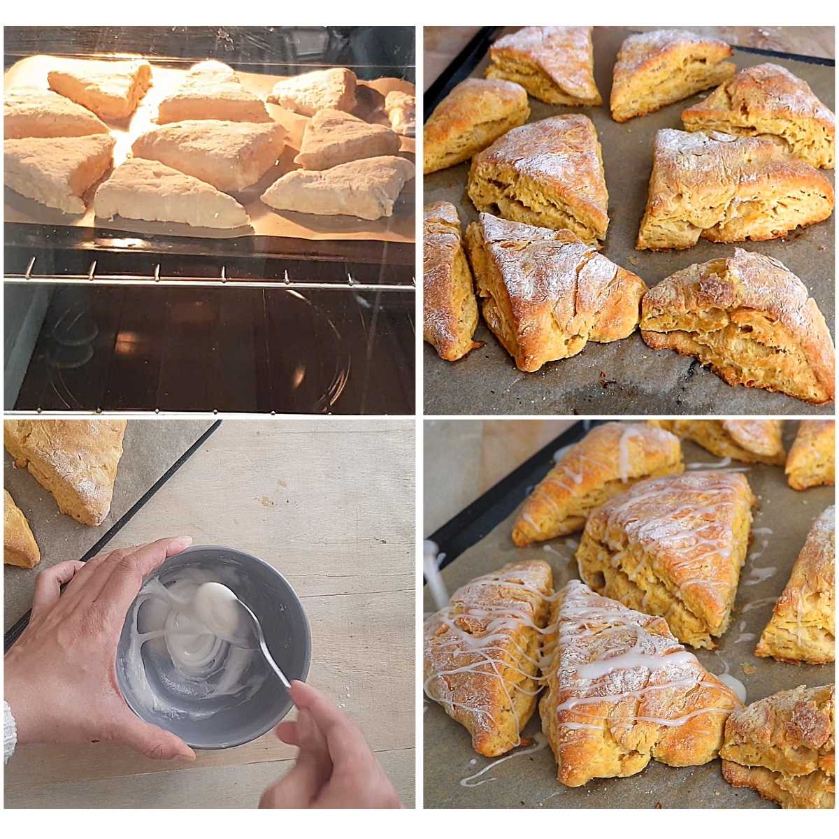 Baking the scones and drizzling the glaze on top.