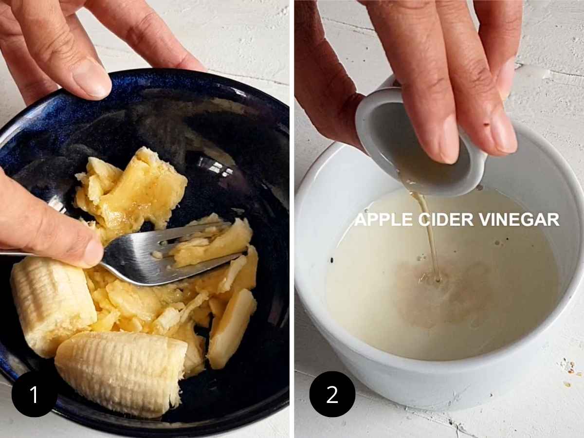 Step by step images of mashing the banana and preparing vegan butter milk to make the batter. 