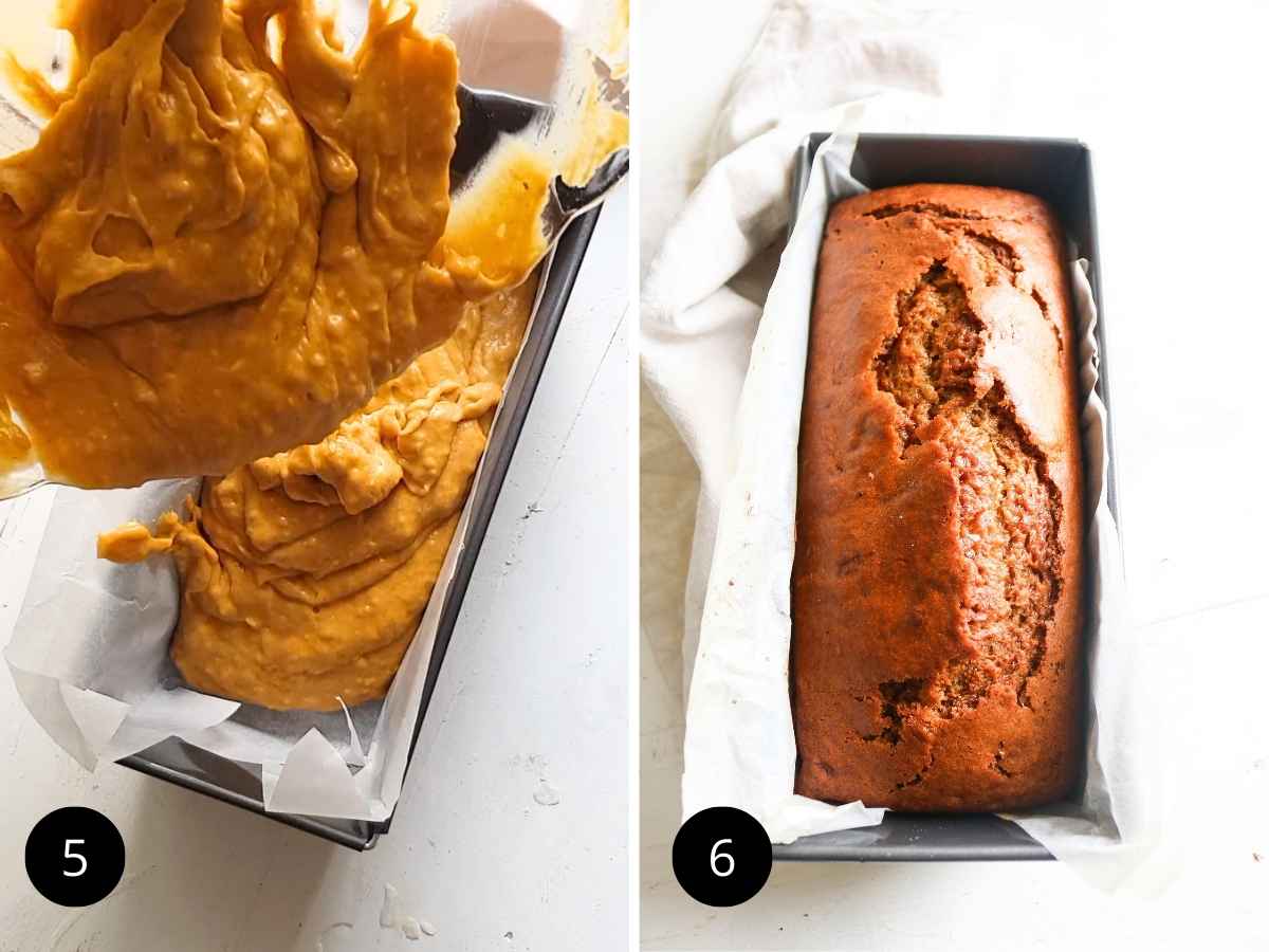 Step by step images of pouring the batter into the loaf pan and baked loaf of vegan bread.