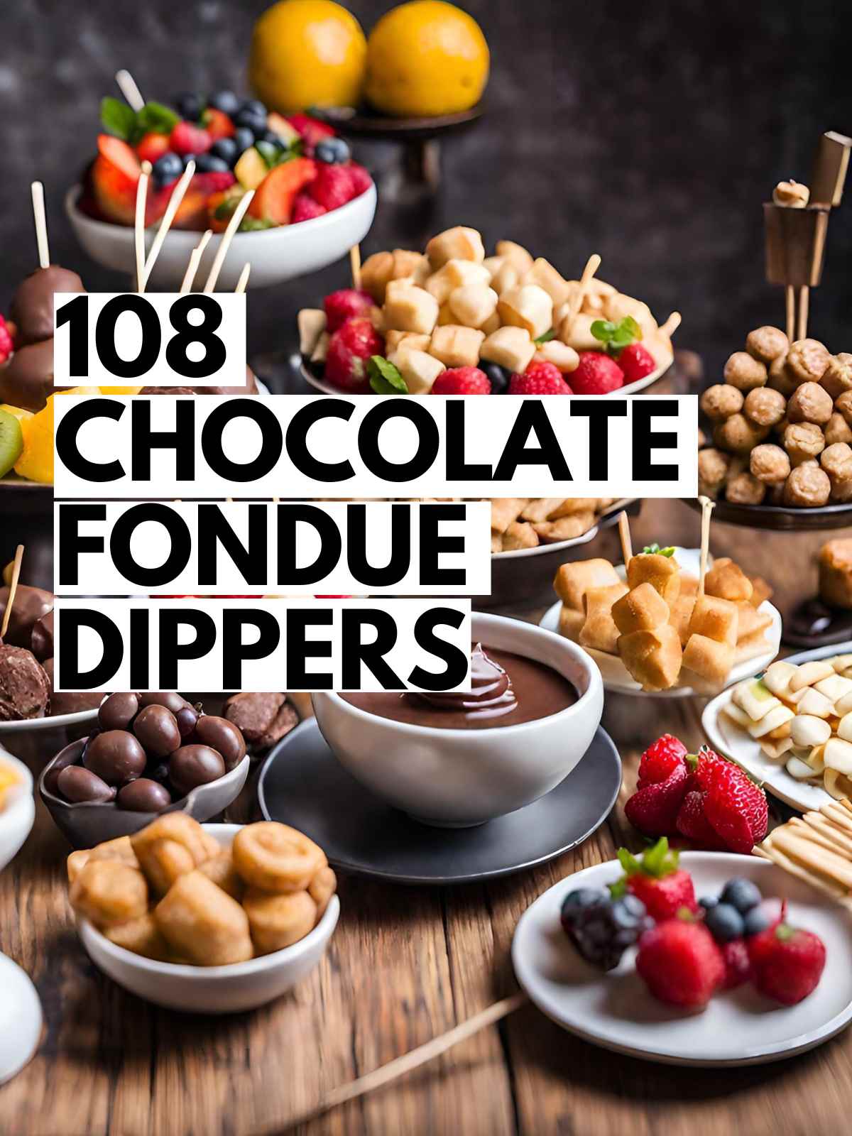 Selection of chocolate fondue dippers served in bowls and overlaying text on image.