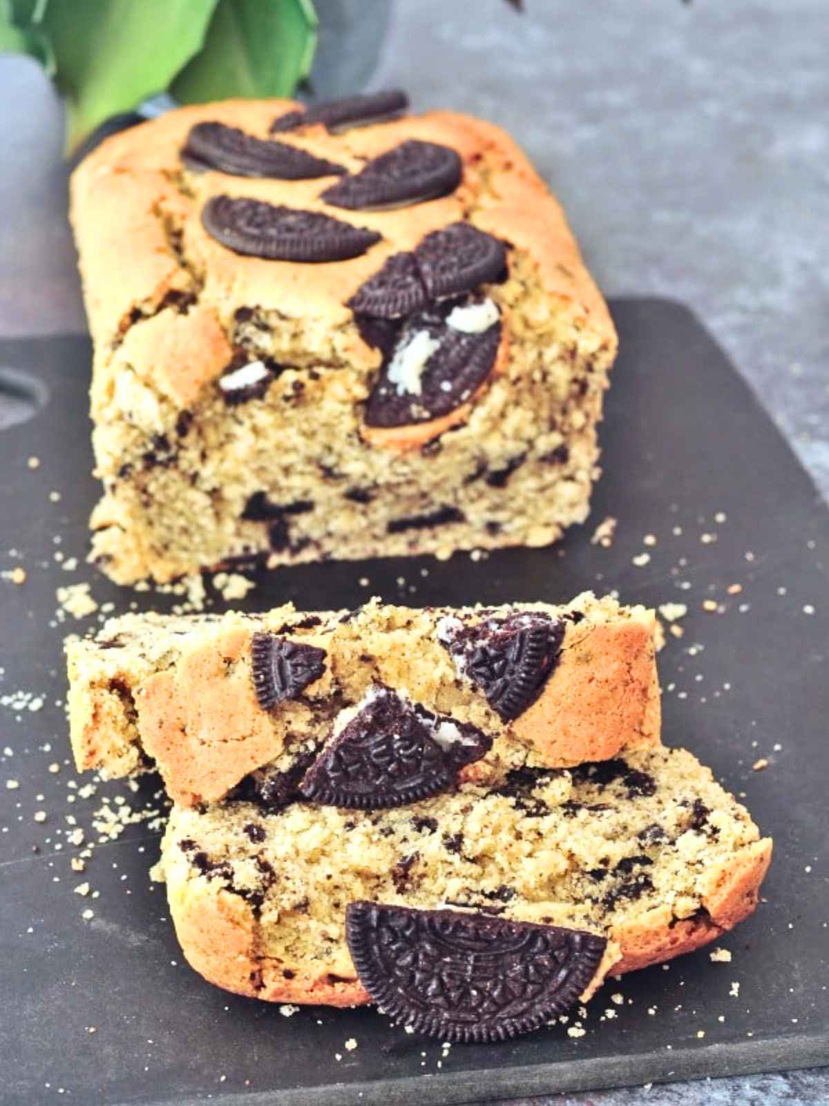 Crumbly cookie pond cake on a black tray.