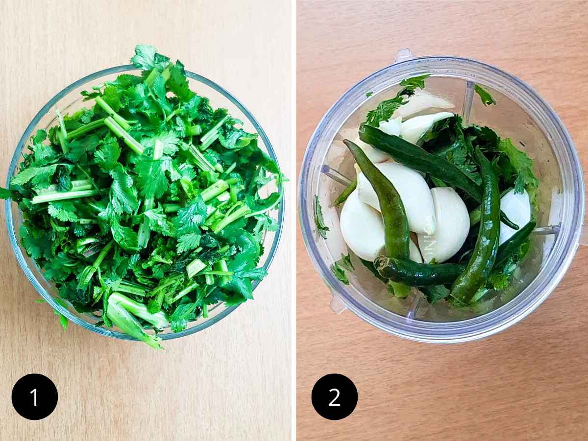 Preparing the coriander leaves and other ingredients to make coriander sauce.