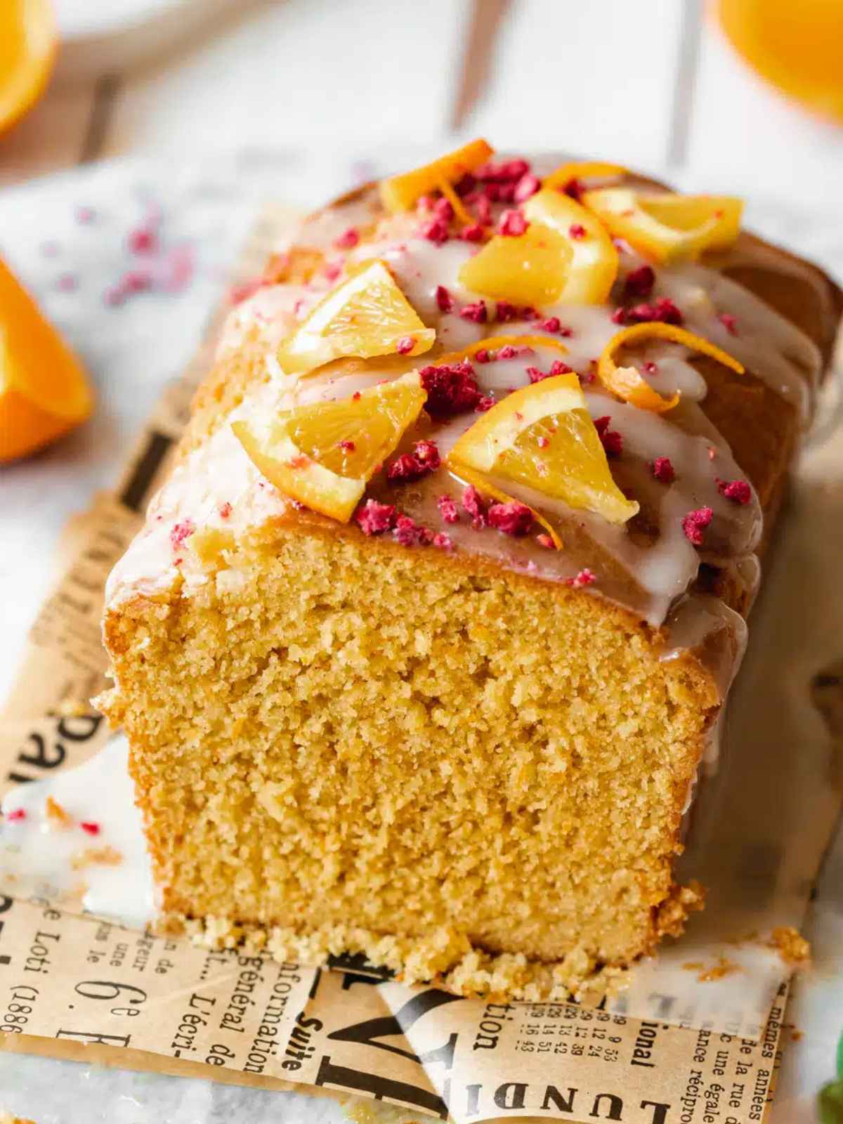 vegan orange pound cake topped with  icing and orange slices.