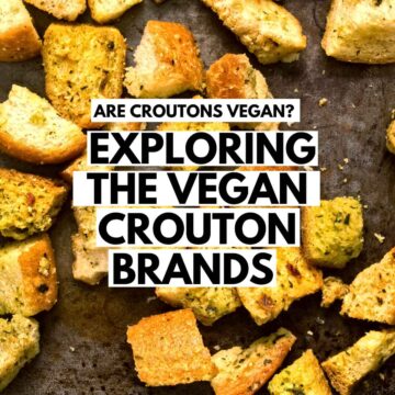 crispy croutons on black tray with overlaying text.