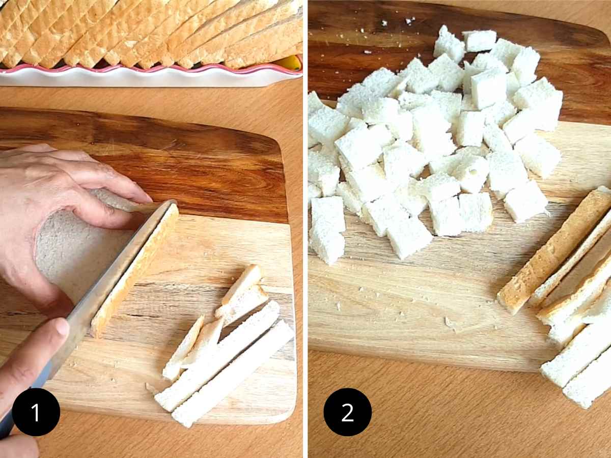 Removing the edges and cuting the bread in cubes.