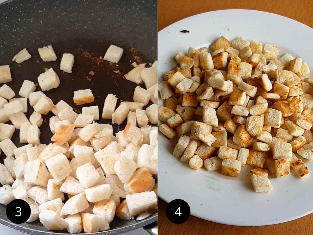 Roasting the bread cubes in pan.