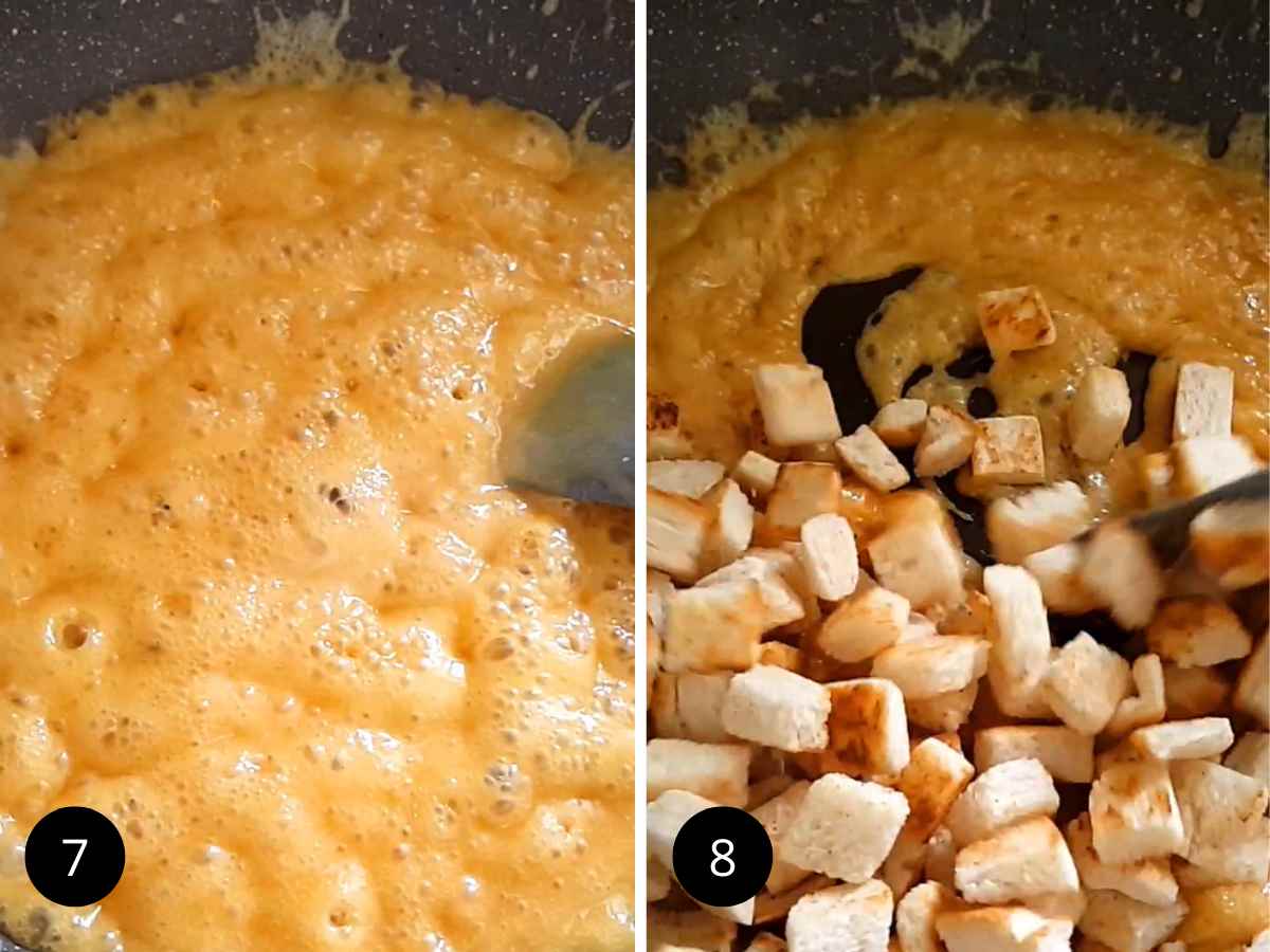 Combining caramel sauce and bread croutons.