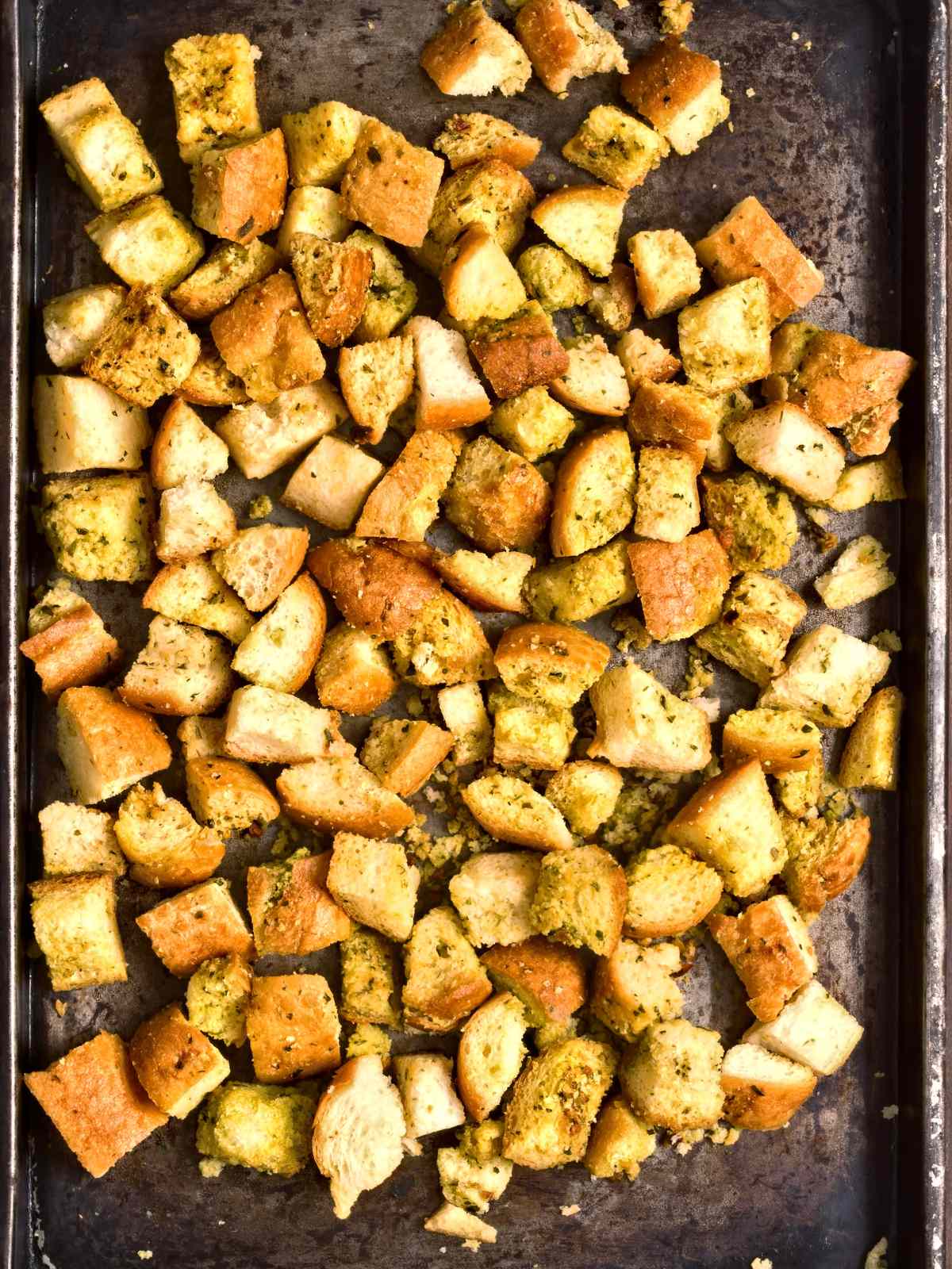 Croutons on roasting tray.