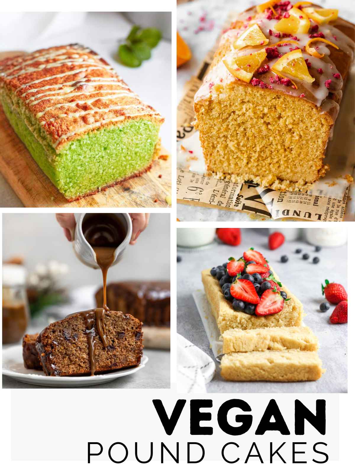 Collage of vegan pound cakes images.