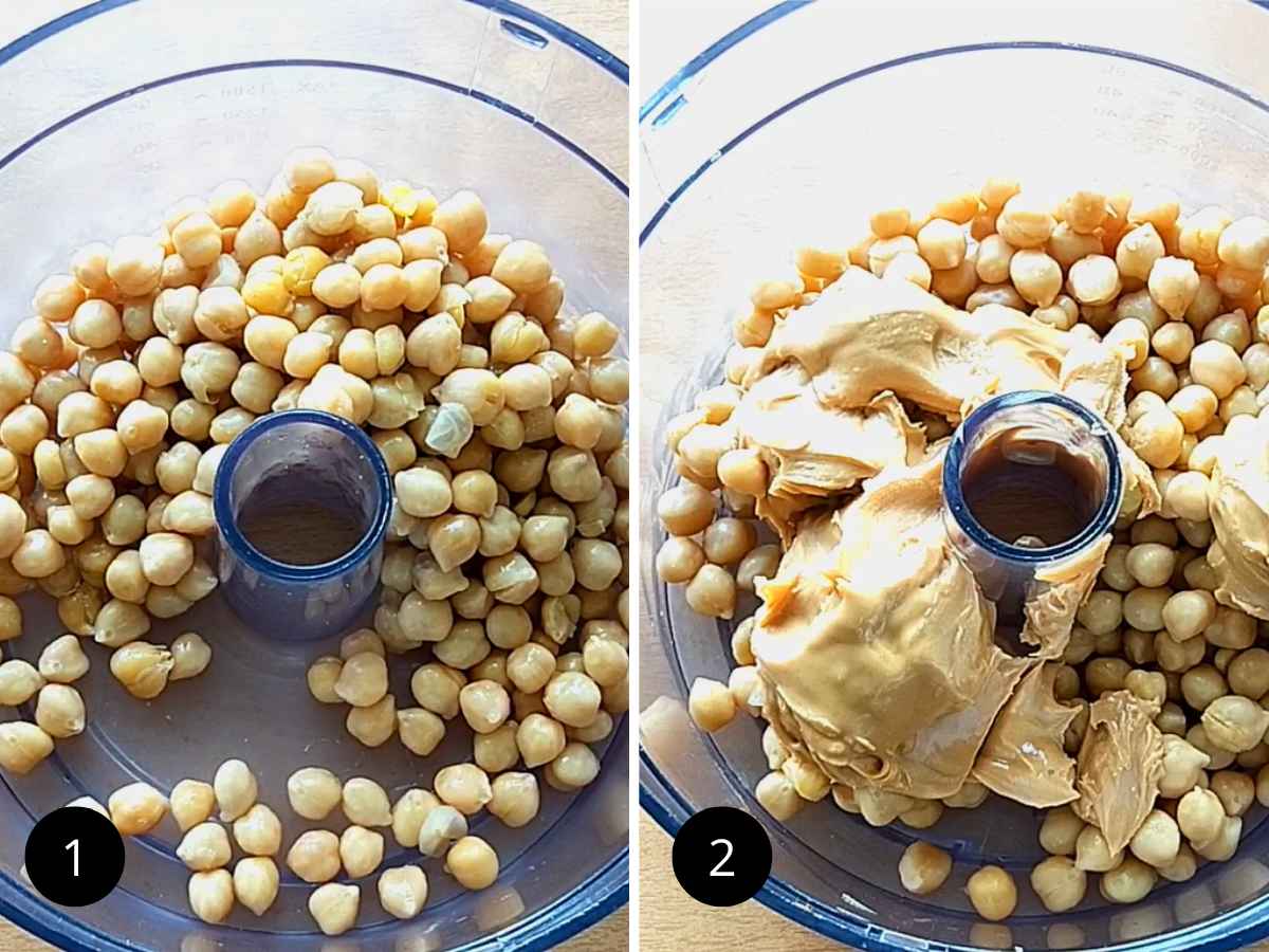 Adding chickpeas and peanut butter into the food processor.