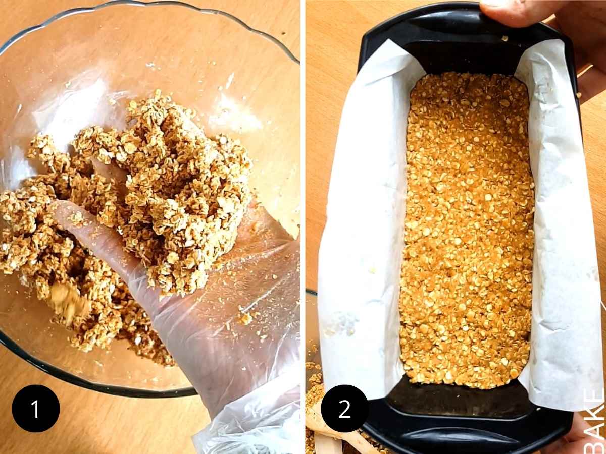 Making the Almond and oat crumble and pressing the base into the mold.