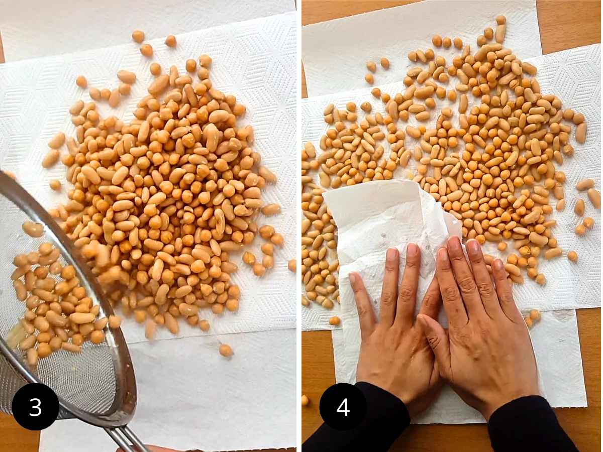 Drying beans on paper towel.