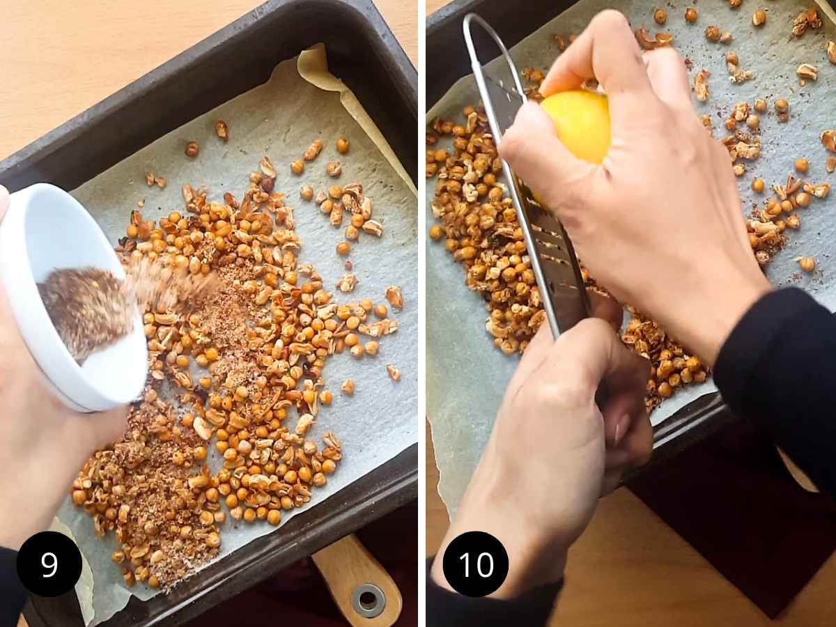 Sprinkling the seasoning mix  and zesting the lemon on roasted beans.