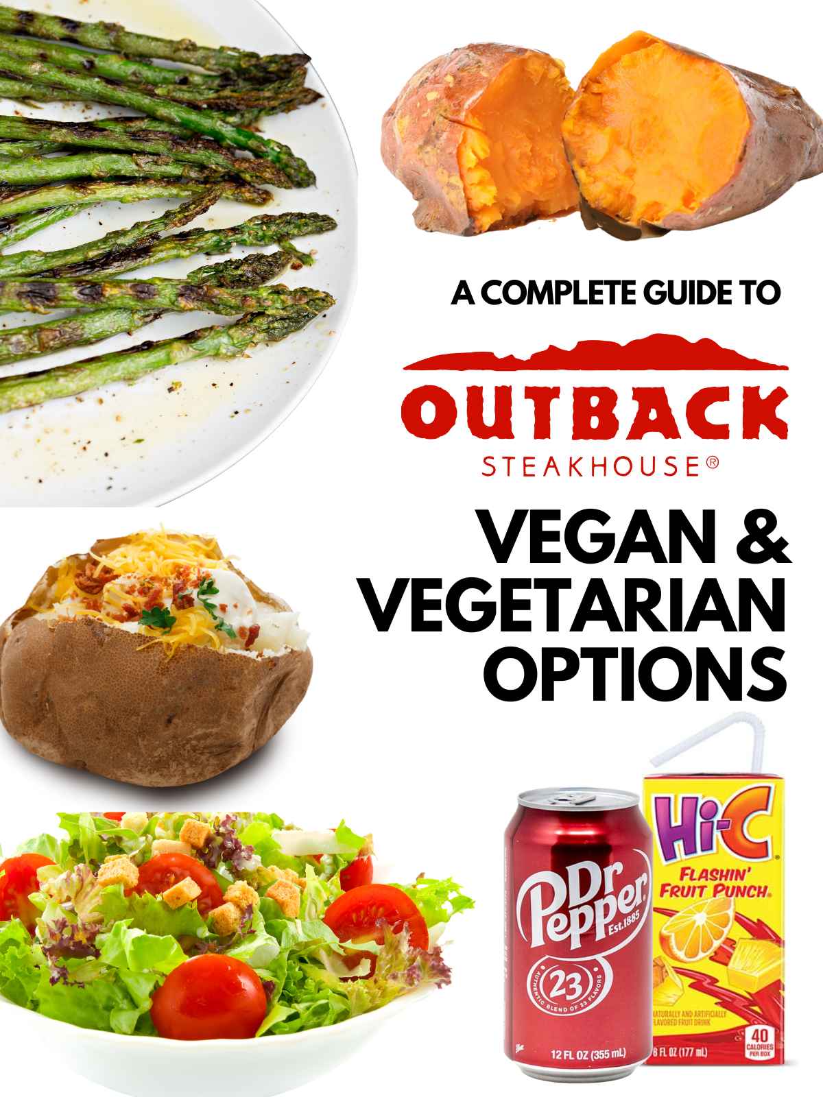 Vegan options at Outback steakhouse banner with overlaying text.
