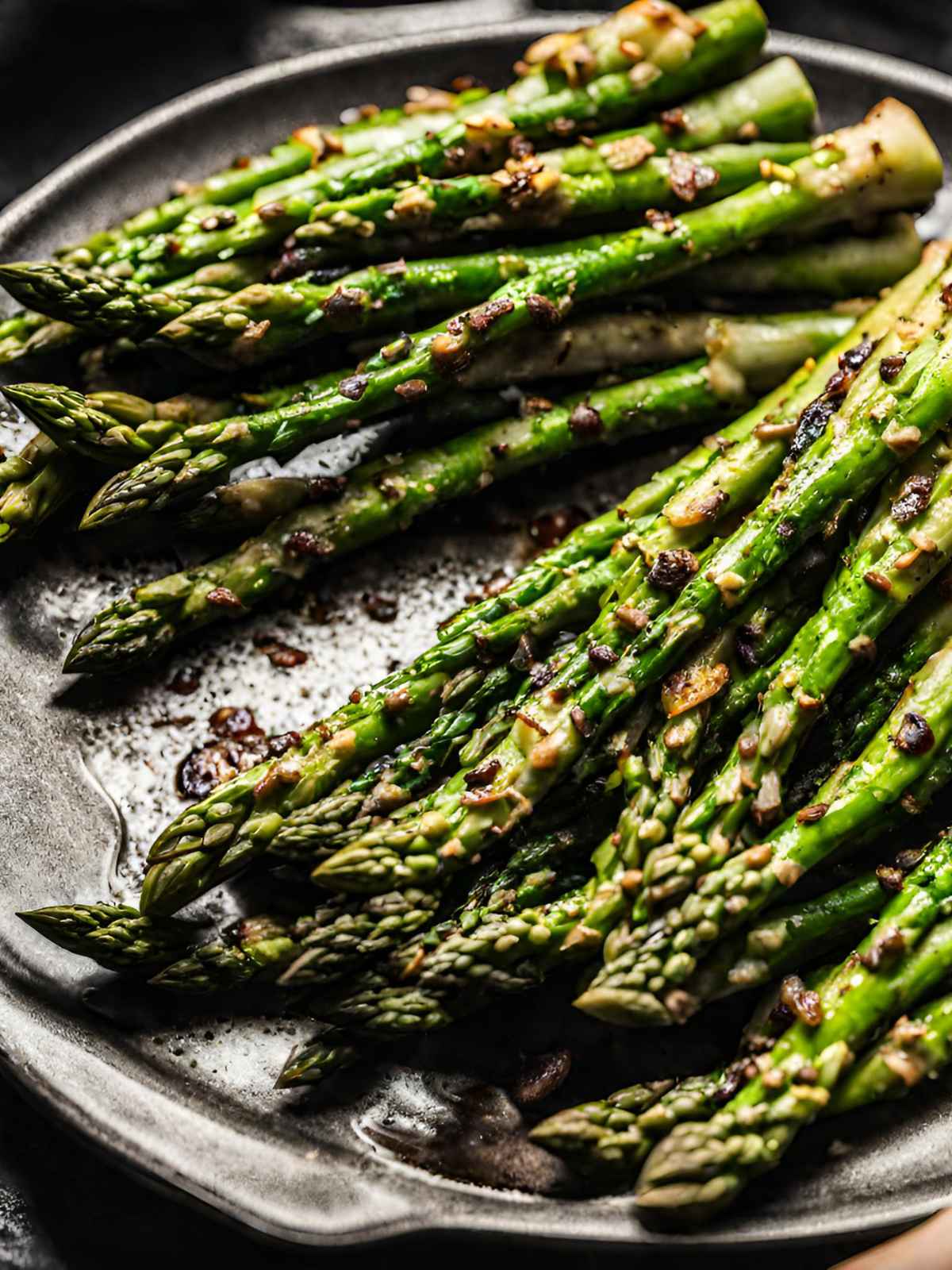 Grilled asparagus served on a black plate.