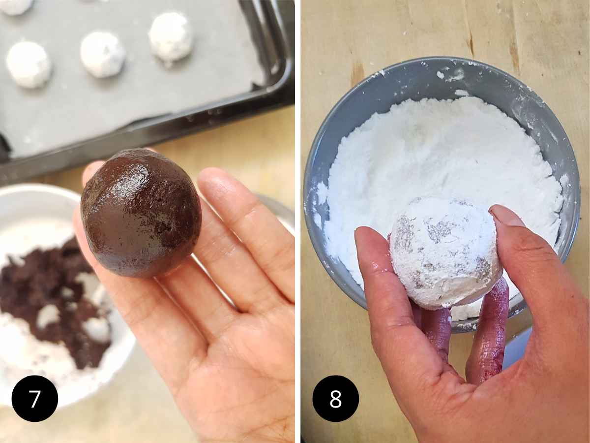 Making the cookie ball and rolling it in icing sugar process shots.