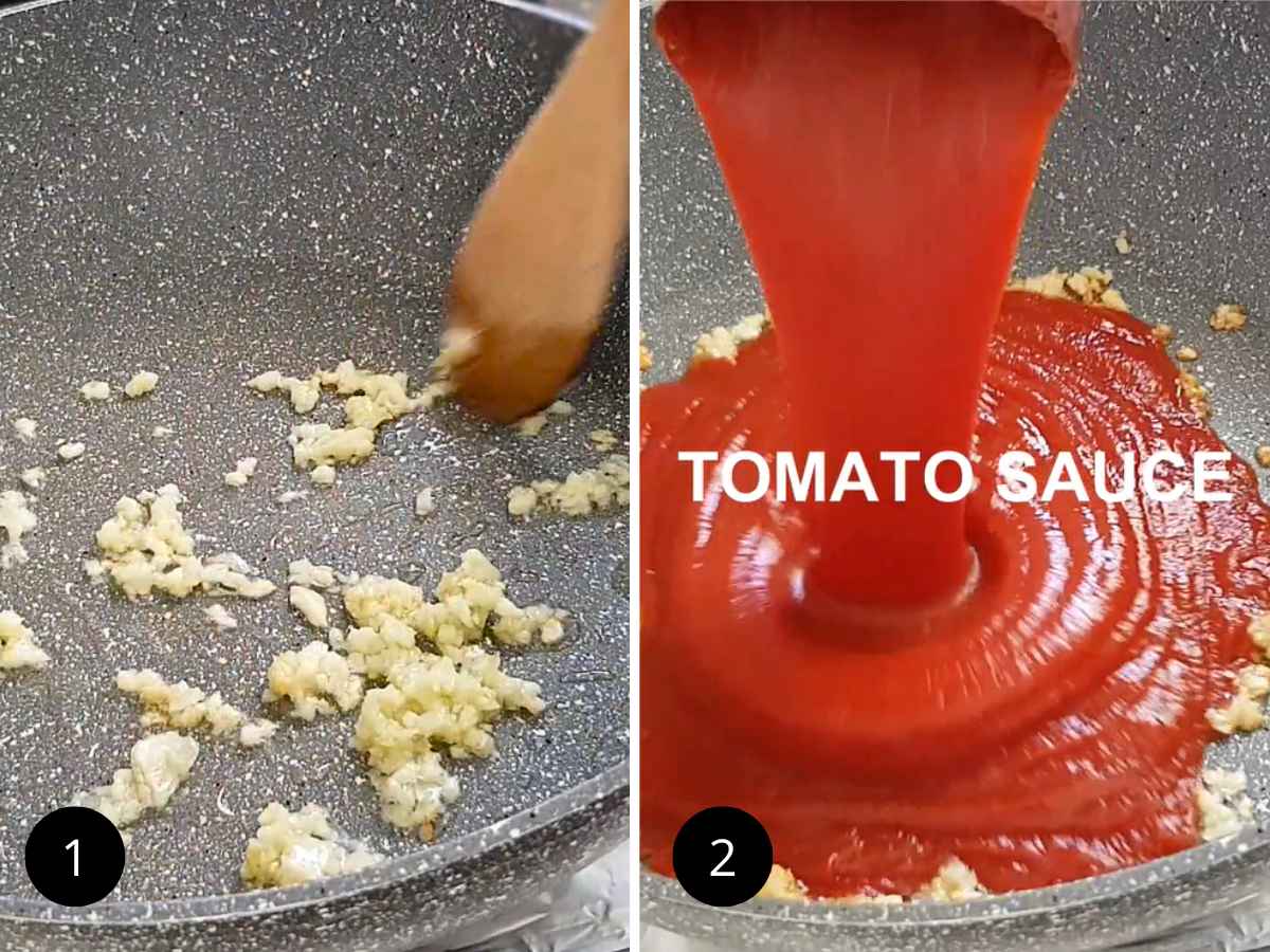 Frying garlic and adding tomato sauce to it.