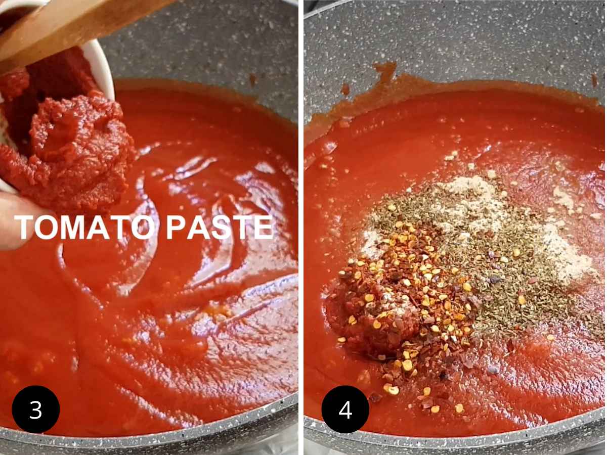 Adding seasoning to pizza sauce.