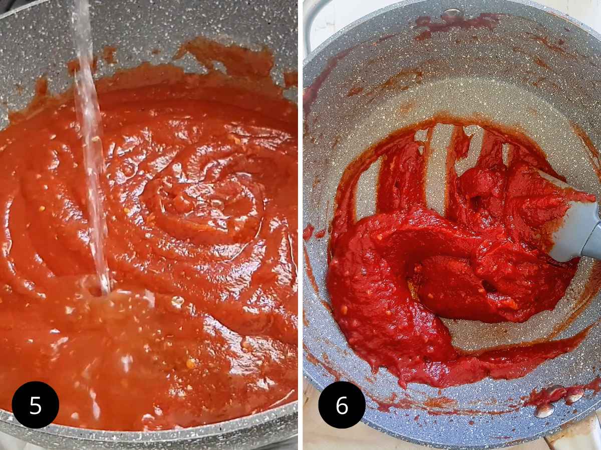 Reducing the pizza sauce on pan.