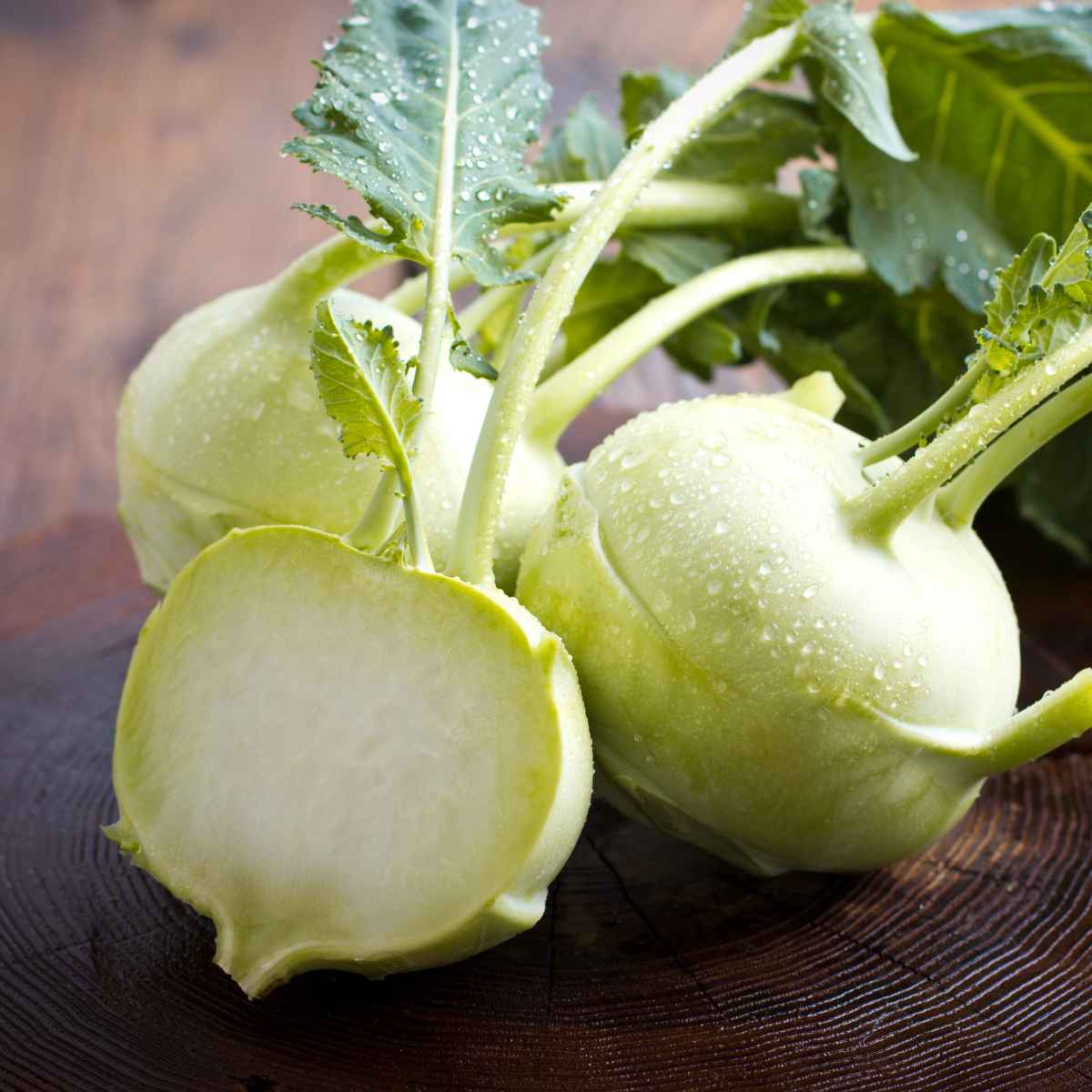 Kohlrabi vegetable cut in half.