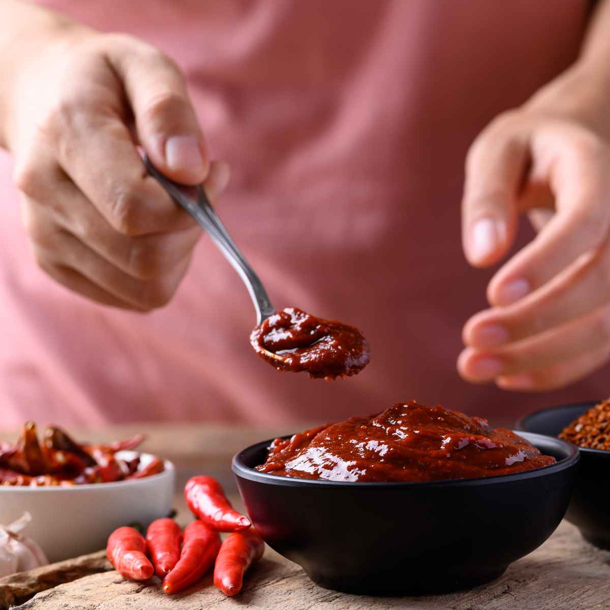 Spoon full of vegan gochujang.