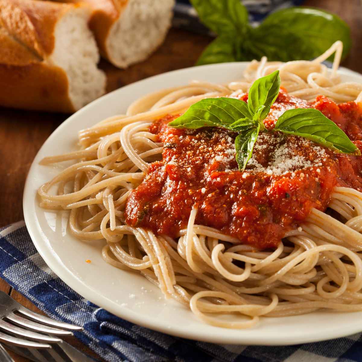 Spaghetti in marinara sauce.