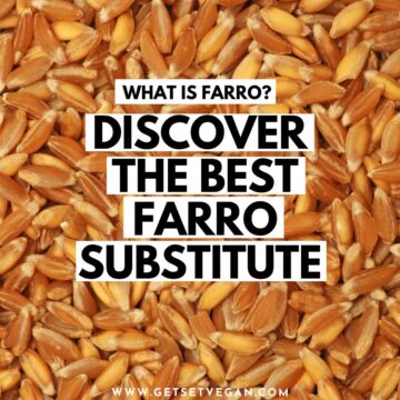 Farro grains in background with text overlay