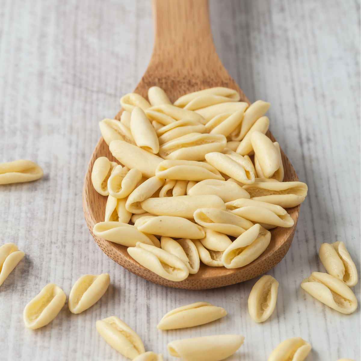 Cavatelli  small, oval-shaped pasta in a wooden spoon.