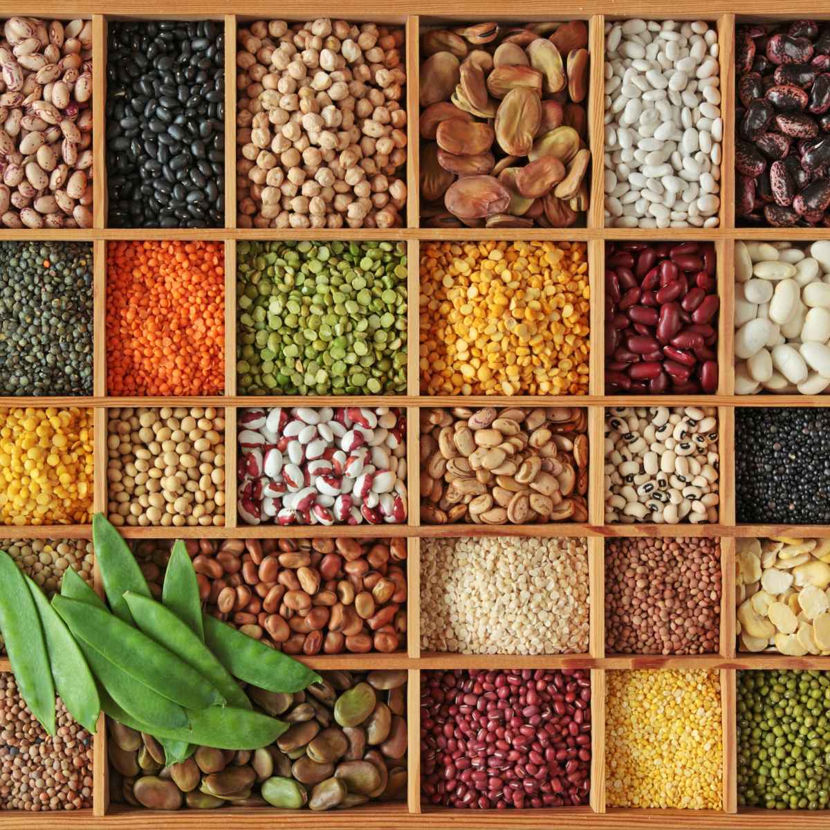 legumes placed in a wooden box.