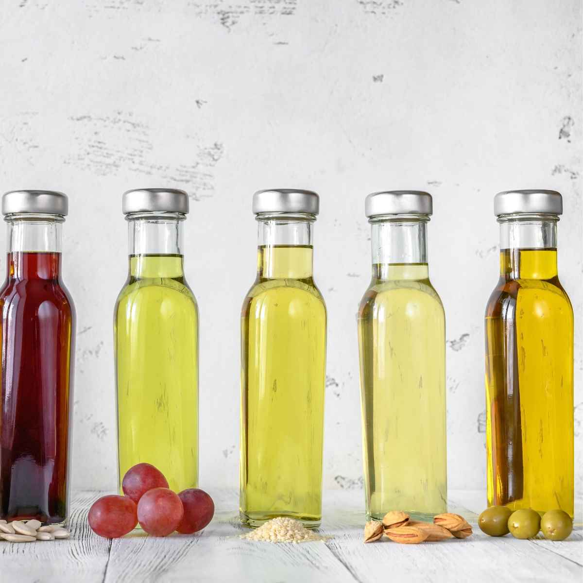vegetable oil placed in glass bottles