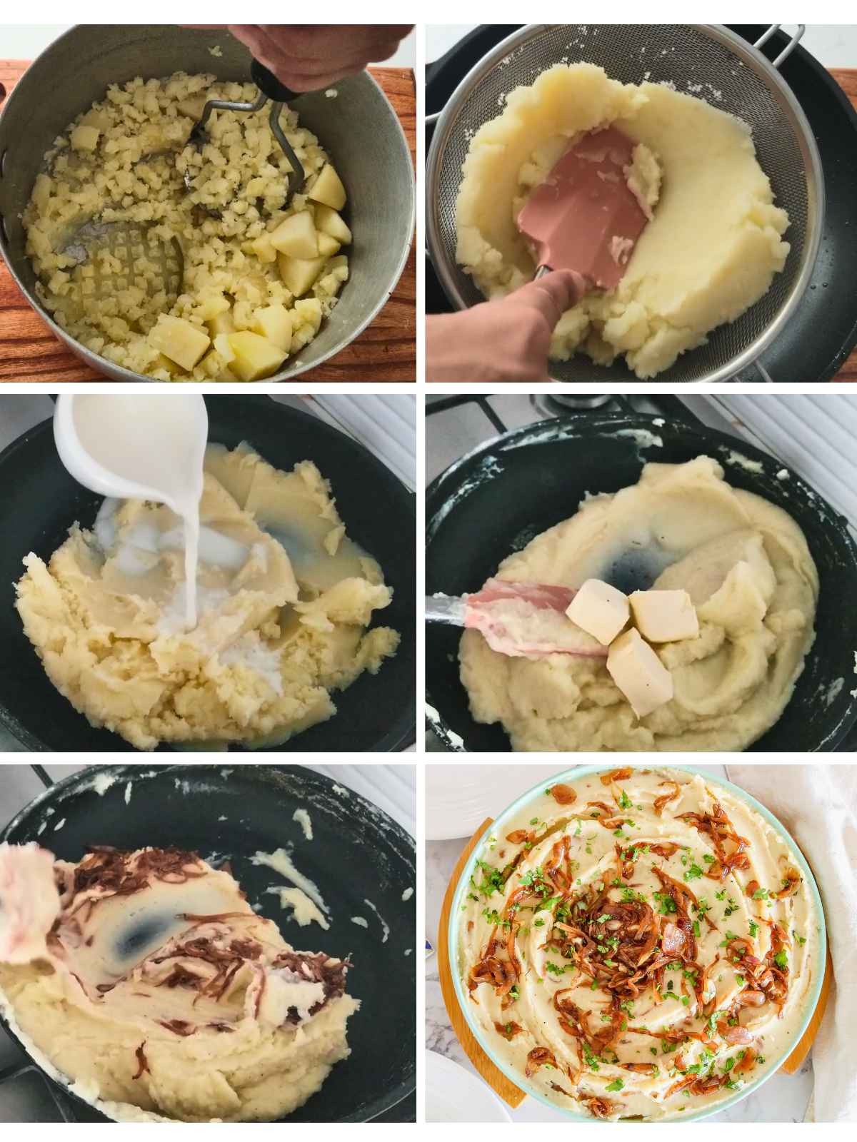 A grid of six images showing the  cooking process of mashing the potatoes and mixing with caramelized onions.