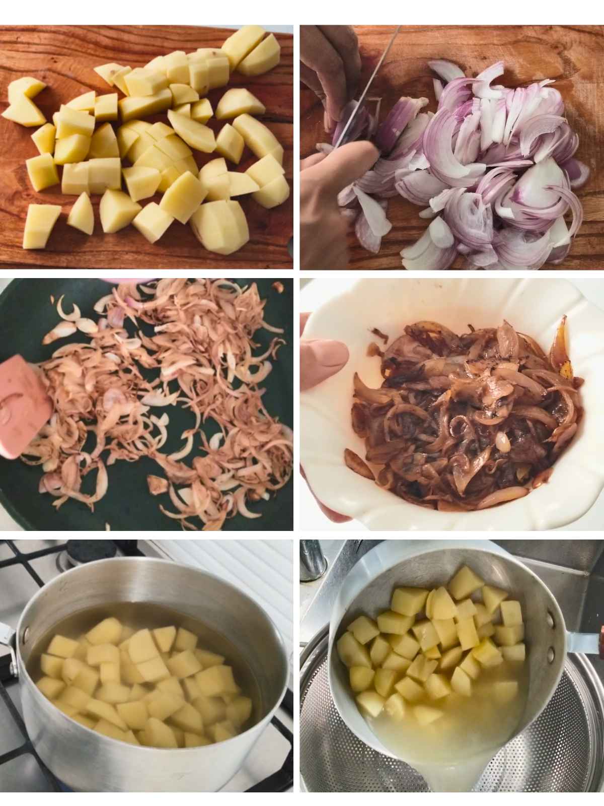 A grid of six images showing the  cooking process of caramelized onion mashed potatoes.