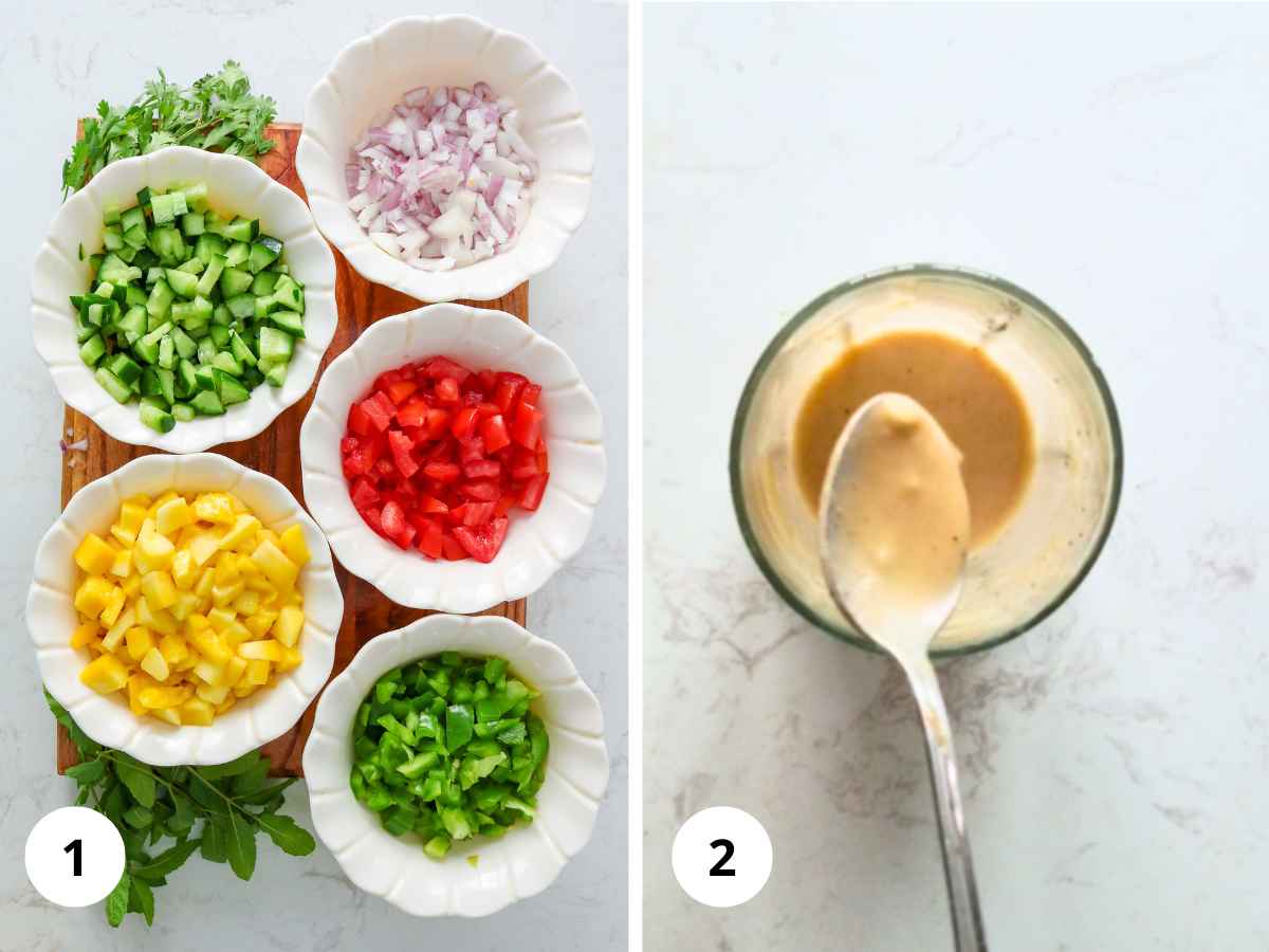 Preparing ingredients to make salad and making the tahini dressing process images.