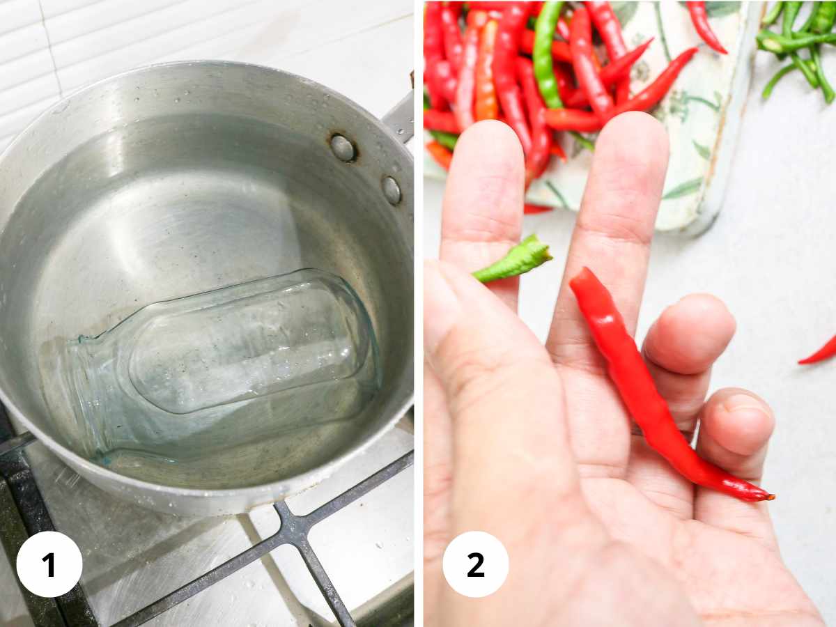 Images showing sterilizing the jar and removing the chillies stem.