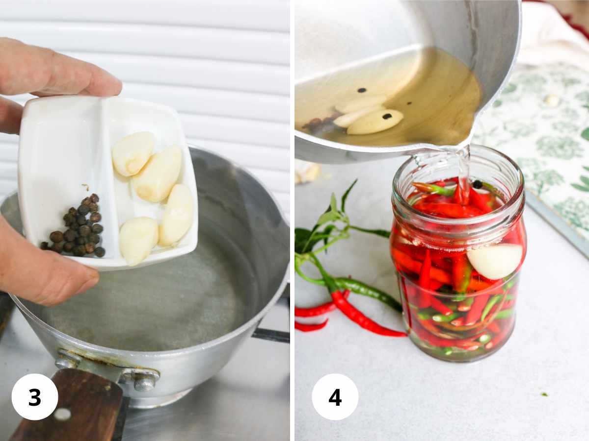 Images showing preparing the brine and pouring over chillies in a jar.